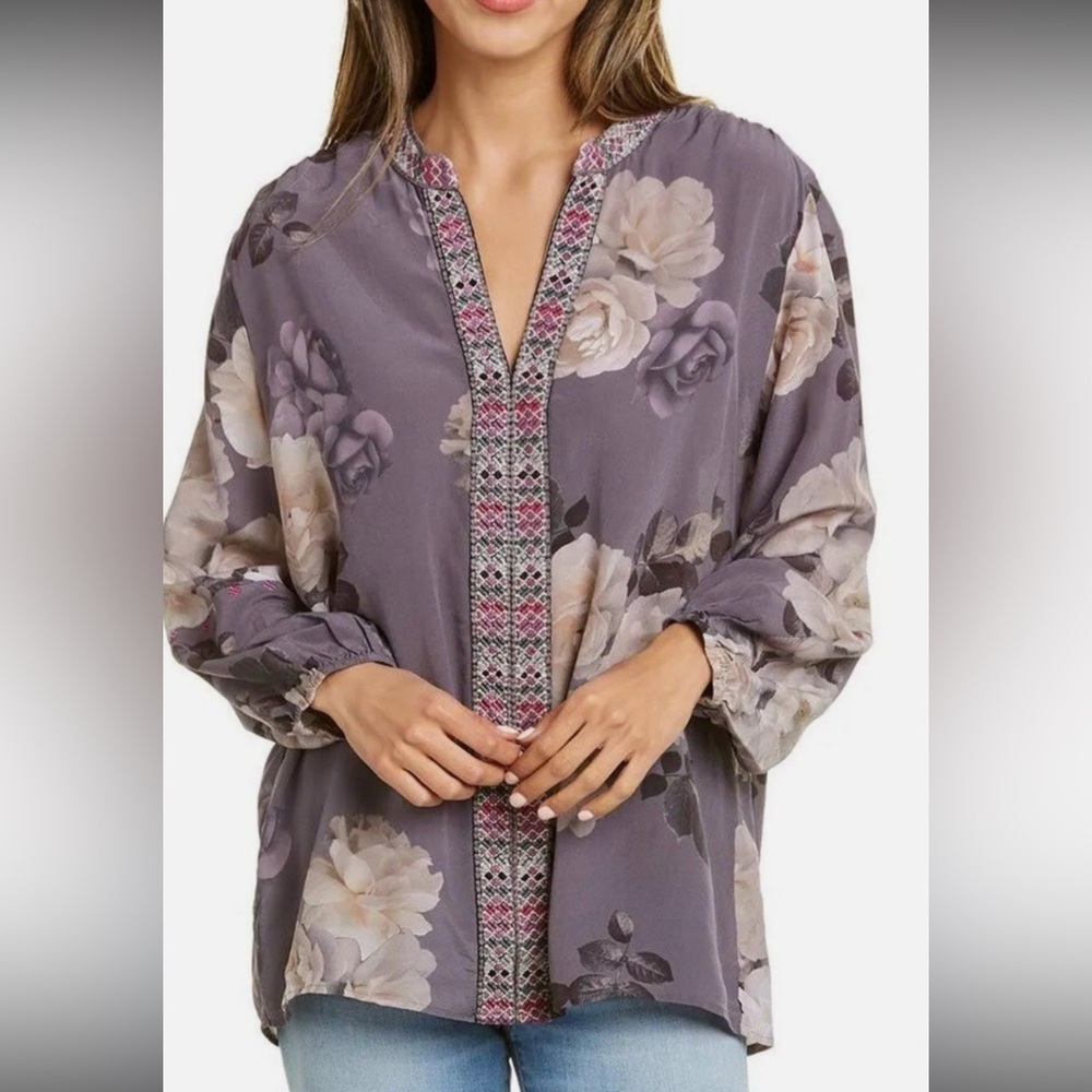 Johnny Was Gray Workshop Paris Floral Blouse with Pink Accents - Picture 3 of 11